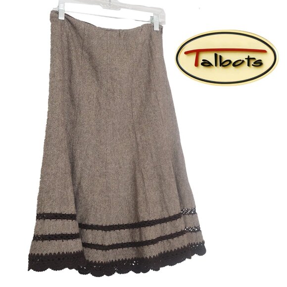 Talbots Brown and Gray Wool Blend Skirt with Crocheted Lace Hem Lined Size 6 - Picture 1 of 15